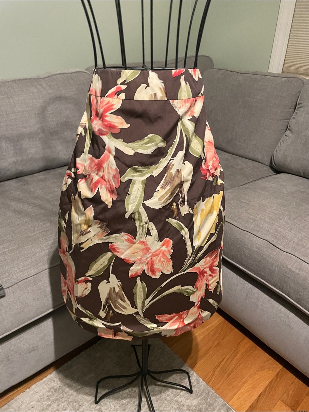 Talbots Brown Floral A-Line Skirt with Coral and Cream Blooms